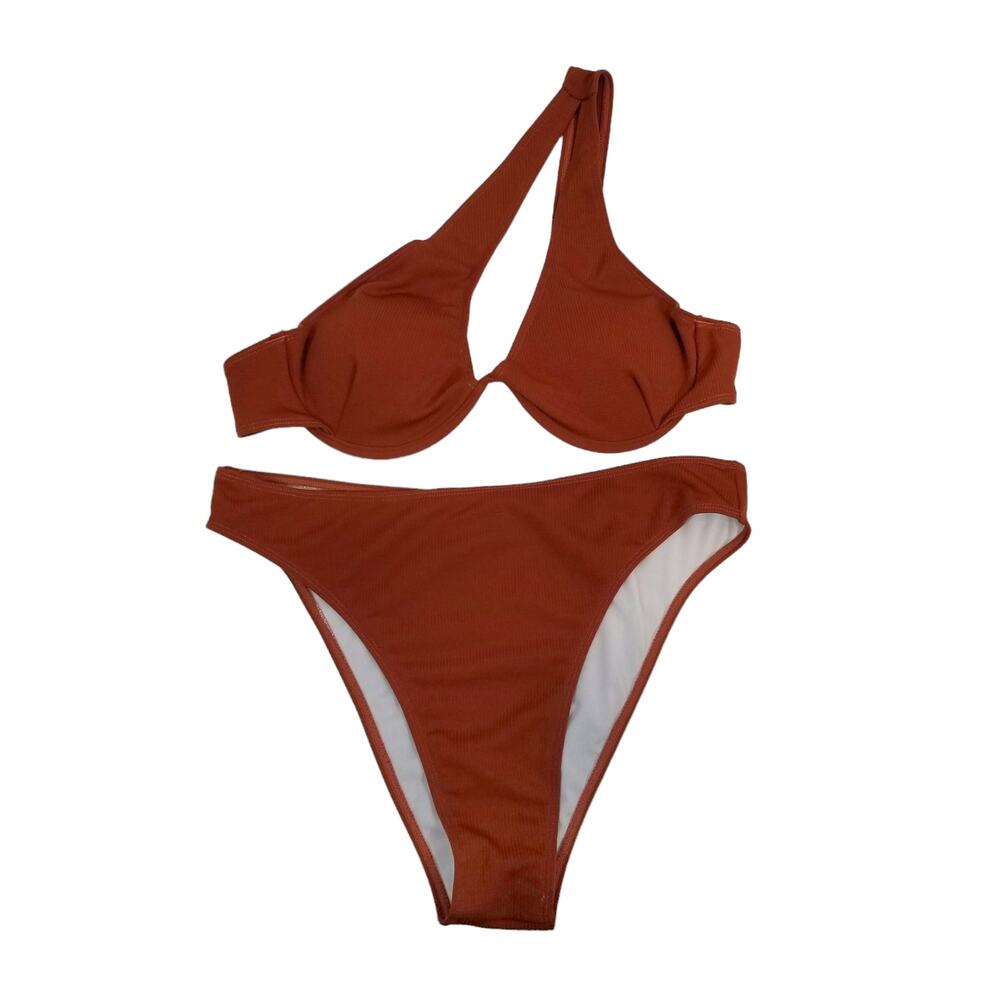 Shein Women's Ribbed Underwire One Shoulder Cheeky Bikini Rust Brown Size 2XL
